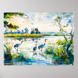 Póster Grullas junto al río Havelland Estilo acuarela