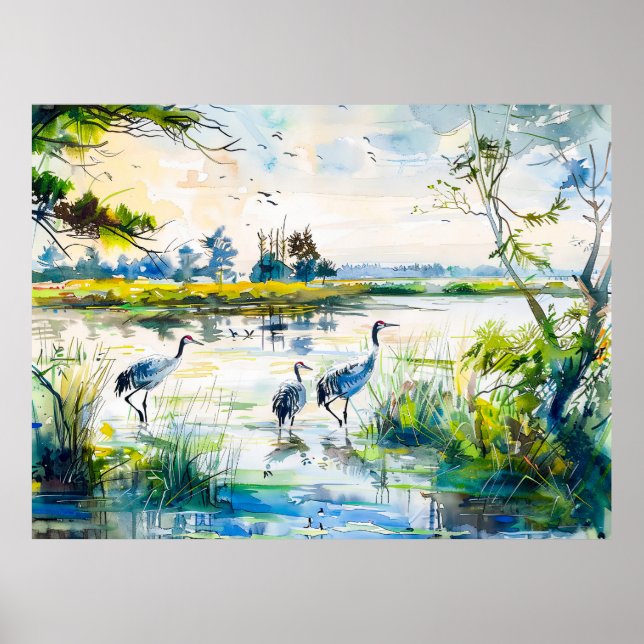Póster Grullas por el estilo acuático del río Havelland (Frente)