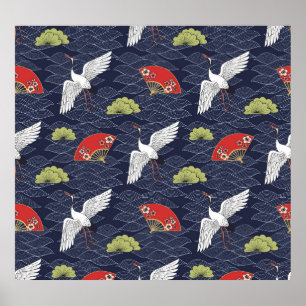 Póster Grullas y fans japoneses: Patrón de cosecha