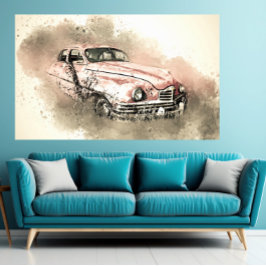 Póster Grunge Carro Vintage Rosa Encanto Retro Sin Tiempo
