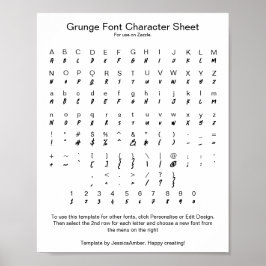 Póster Grunge Font Character Sheet for Zazzle