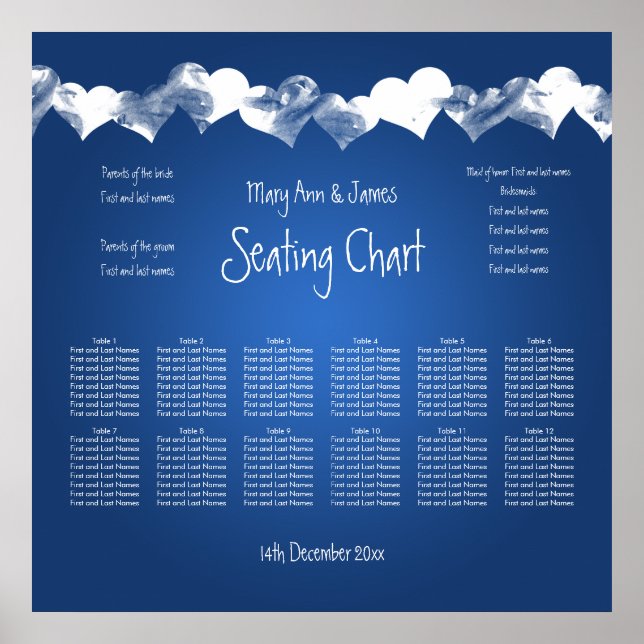 Póster Grunge Hearts Blue de la tabla de asientos del bod (Frente)