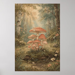 Póster Grupo de Hongos en un Bosque de Abedules Iluminado