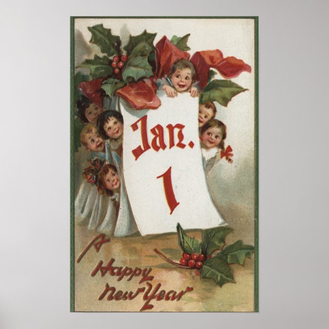 Póster Grupo de niños escondiéndose detrás del calendario (Frente)