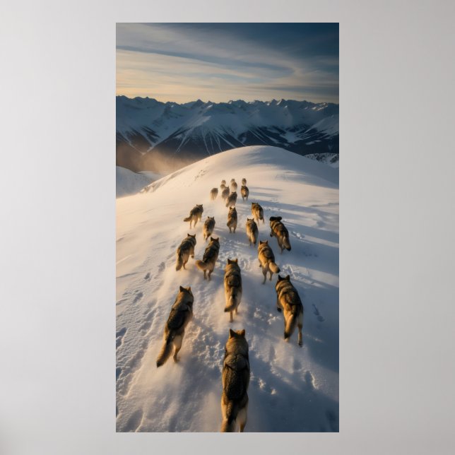 Póster grupo de perros corriendo en la pista de nieve (Frente)