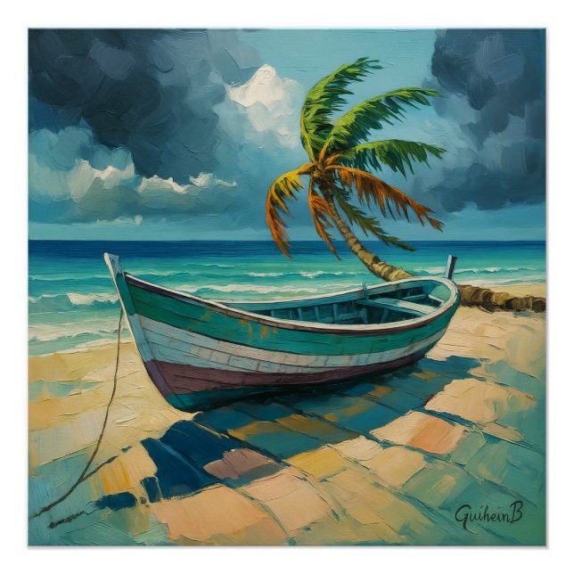 Poster Guadeloupe – Paysage tropical avec bateau e (Anverso)