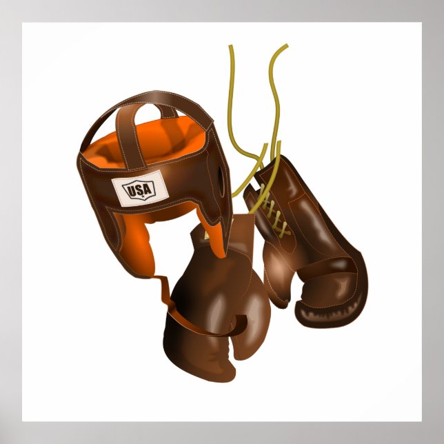 Póster Guantes de boxeo de época y casco (Frente)