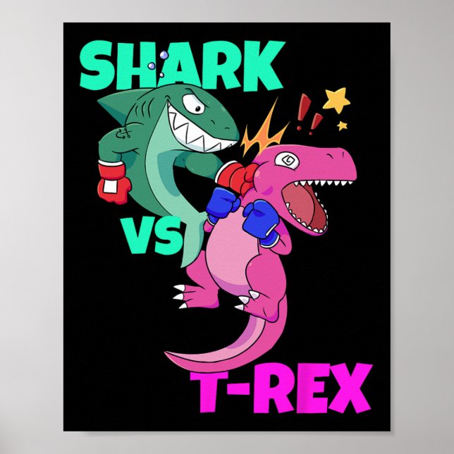 Póster Guantes de boxeo de tiburón vs dinosaurio T Rex pa (Frente)
