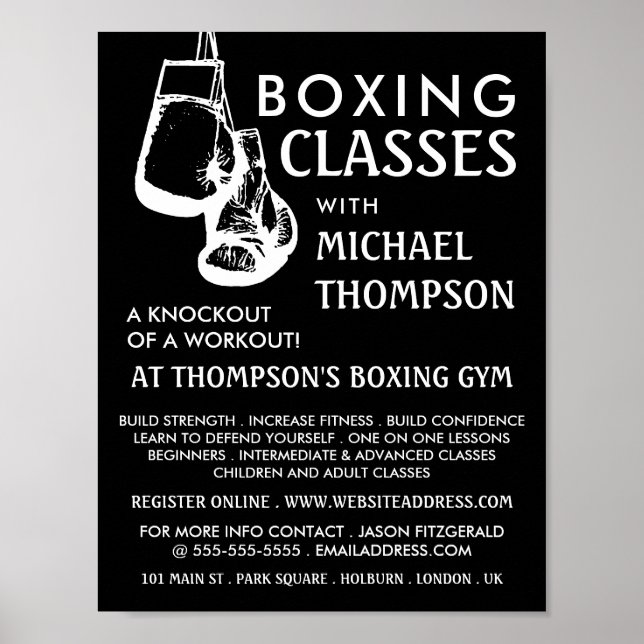 Póster Guantes de boxeo en blanco y negro, anuncio de cla (Frente)
