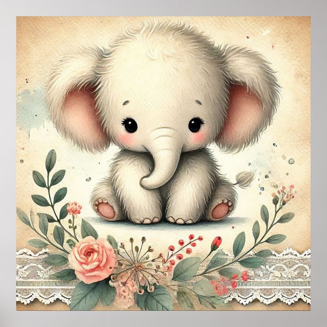 Póster Guardería de Elefante Bebé Floral (Frente)