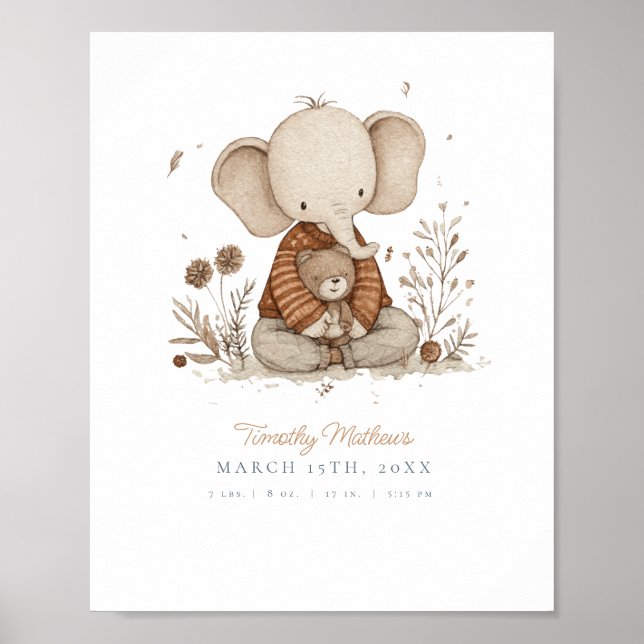Póster Guardería de elefante con acuarela personalizable (Frente)