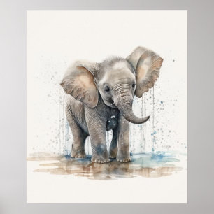 Póster Guardería de elefante de acuarela bebé selva safar