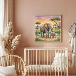 Póster Guardería de Elefante Mamá y Cría