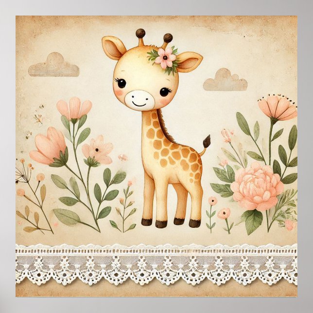 Póster Guardería de jirafa bebé floral (Frente)