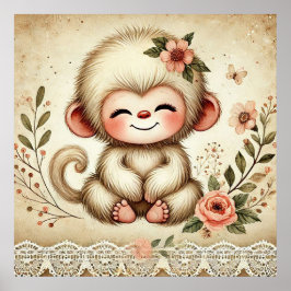 Póster Guardería de mono bebé floral