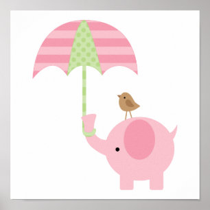Póster Guardería de niña con elefante rosa lindo