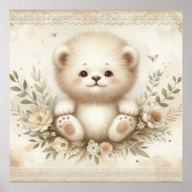 Póster Guardería del León Bebé Floral (Frente)