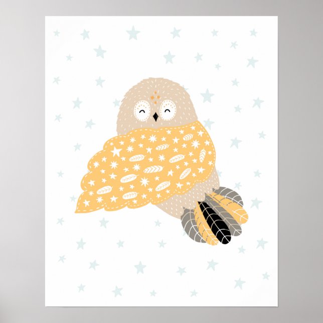 Póster Guardería moderna scandi adorable búho y estrellas (Frente)