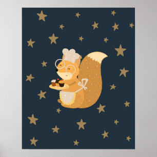 Póster Guardería moderna scandi ardilla con cupcakes