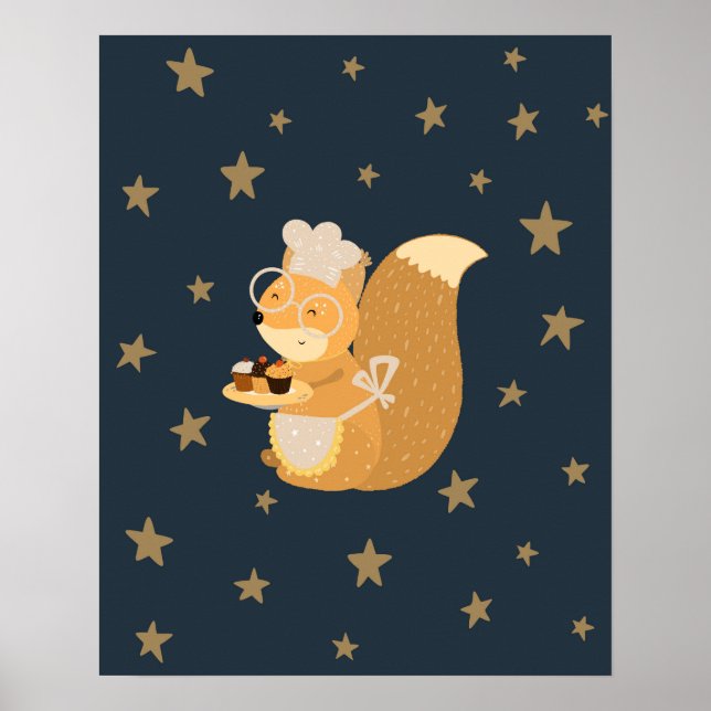Póster Guardería moderna scandi ardilla con cupcakes (Frente)
