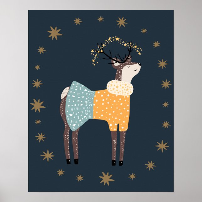 Póster Guardería moderna scandi ciervo y estrellas (Frente)