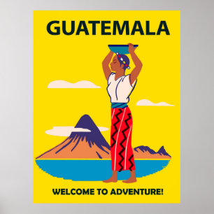 Póster Guatemala, mujer con traje de folk con plato en la