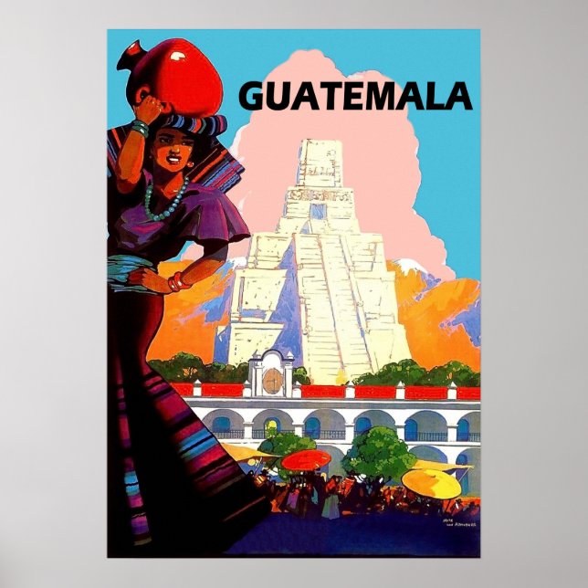 Póster Guatemala, mujer nativa con alfarería, pirámide (Frente)