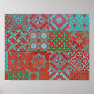 Póster Guay, baldosas de moda del Egeo en rojo y azul
