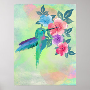 Póster Guay lindo acuarela vibrante colibrí floral