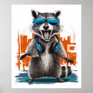 Póster Guay Raccoon con audífonos