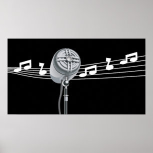 Póster Guay Retro Mic & Musical Notes Black Personalizado