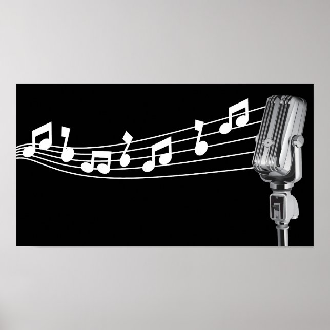 Póster Guay Retro Mic & Musical Notes Black Personalizado (Frente)