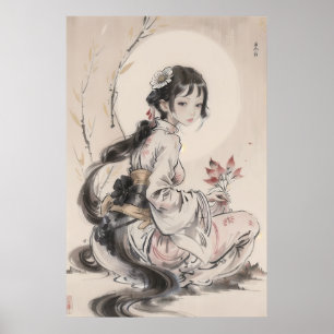 Poster Gueixa e Lua - Arte Tradicional Chinesa
