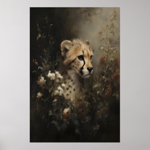 Póster Guepardo en Flores Silvestres Pintura al Óleo Vint