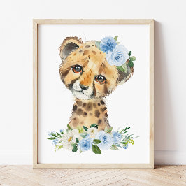Póster Guepardo, Safari, Jungla, Flores Azules, Habitació