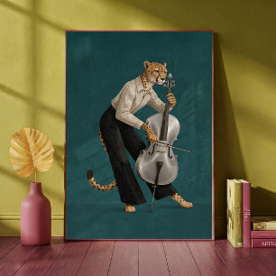 Póster Guepardo Sofisticado Tocando el Cello Musical 