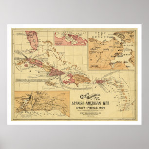 Póster Guerra en el mapa 1898 de las Antillas