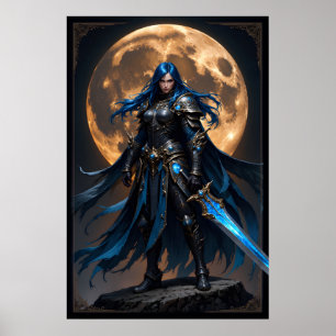 Póster Guerrera Fantasía Mujer con Cabello Azul y un Resp
