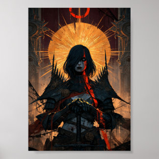 Póster Guerrera llorosa de fantasía oscura con armadura