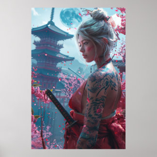 Póster Guerrera samurái con katana - cultura japonesa
