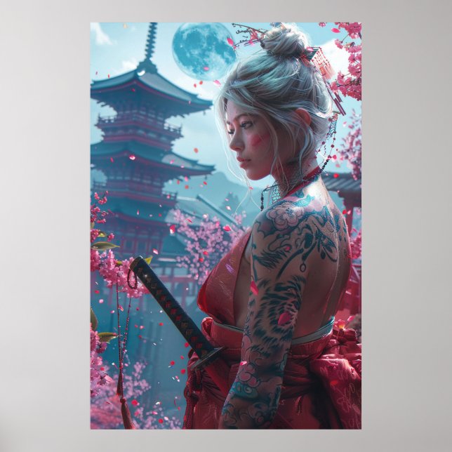 Póster Guerrera samurái con katana - cultura japonesa (Frente)