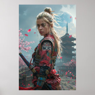 Póster Guerrera samurái con katana: cultura japonesa