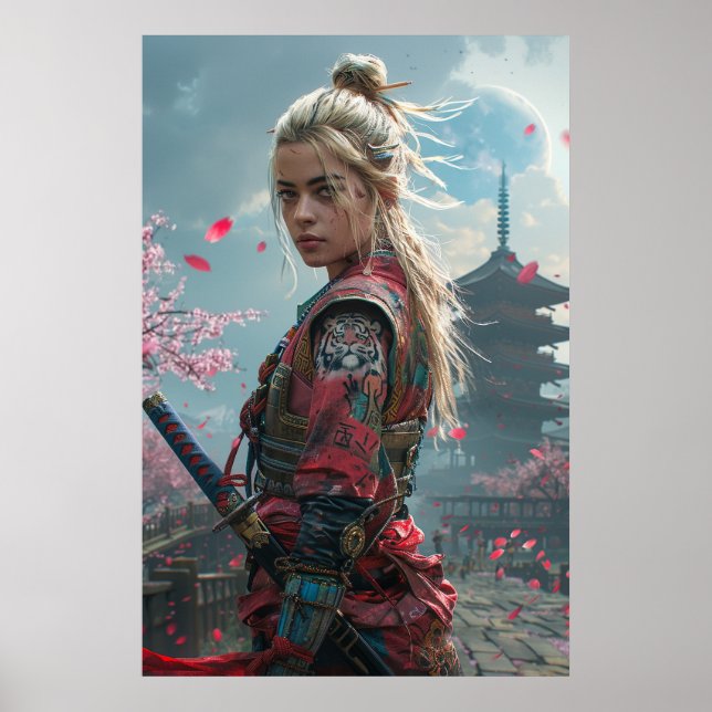 Póster Guerrera samurái con katana: cultura japonesa (Frente)