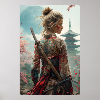 Póster Guerrera samurái con katana - cultura japonesa