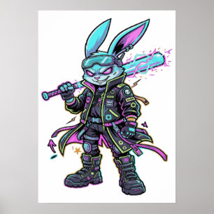 Póster Guerrero Conejo Cyberpunk Neon – Conejo Futurista