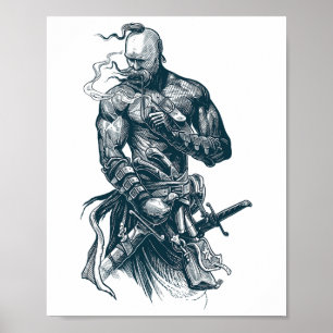 Póster Guerrero cosaco ucraniano sosteniendo espada lucha