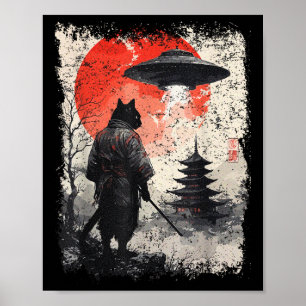 Póster Guerrero de gato ninja samurái Sumi-e Ovni Ukiyo-e