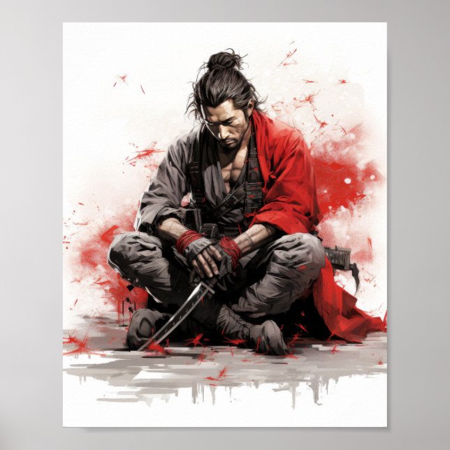 Póster Guerrero de Samurai agachado con Poster de espadas (Frente)