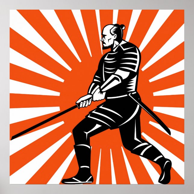 Póster Guerrero de Samurai con espada de katana apuntando (Frente)