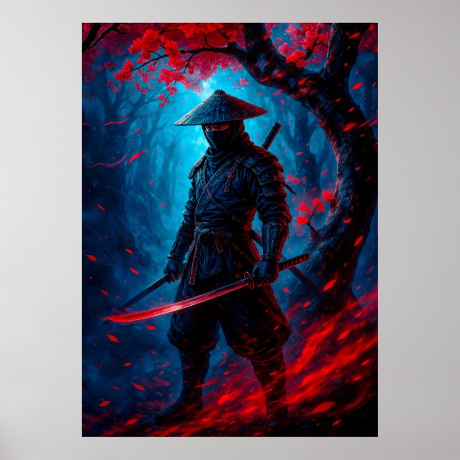 Póster Guerrero de Samurai con fantasía de Katana brillan (Frente)